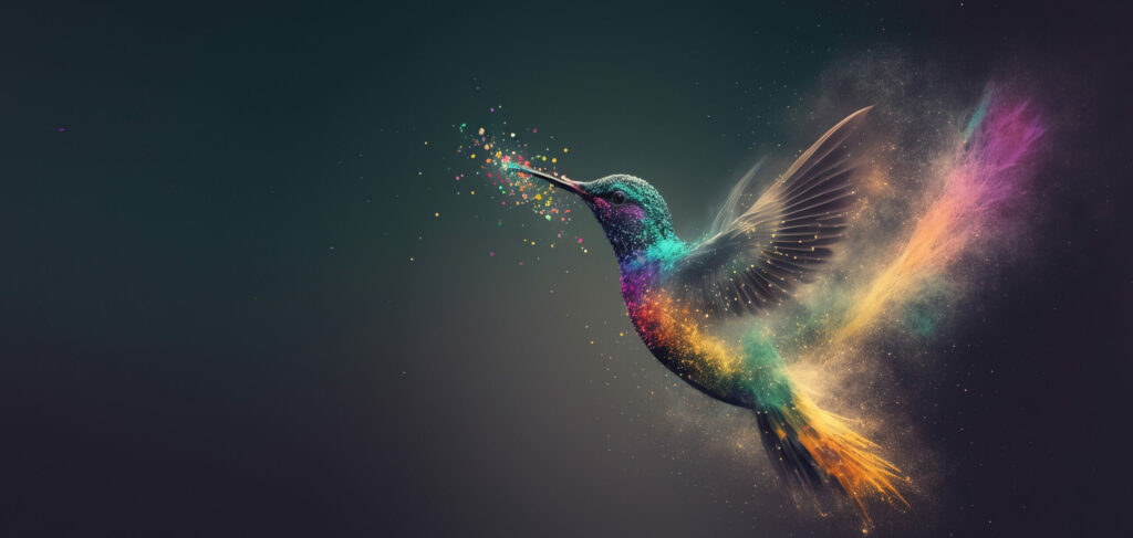 Harmonious data flow concept with Digital humming bird flying,
